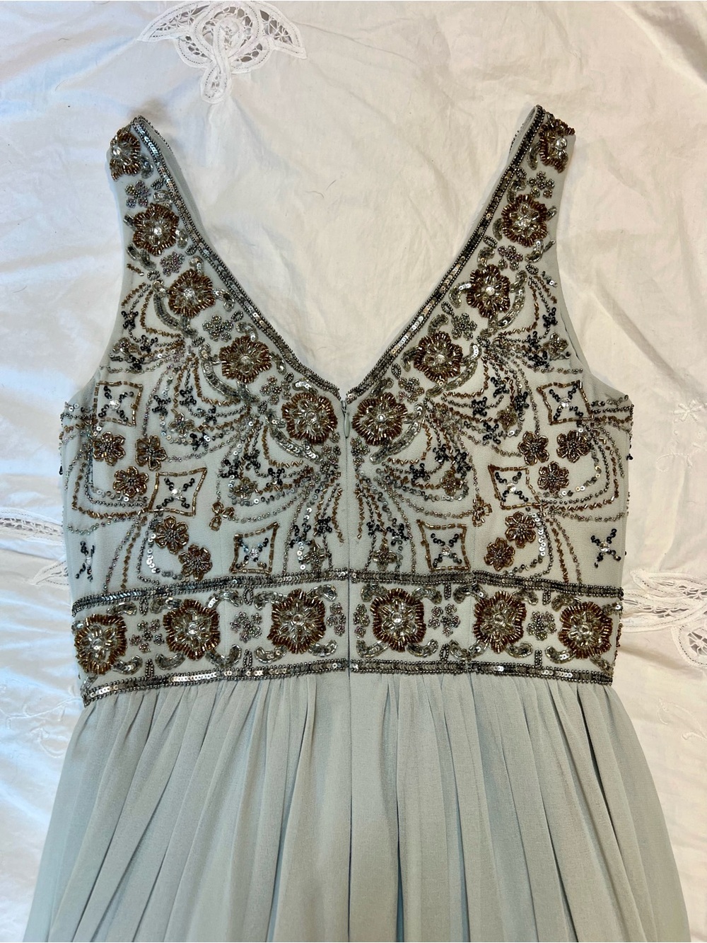 BHLDN by Anthropologie Pale Bluish Gray Beaded V-Neck Pleated Maxi Dress Size 4 - Picture 7 of 15